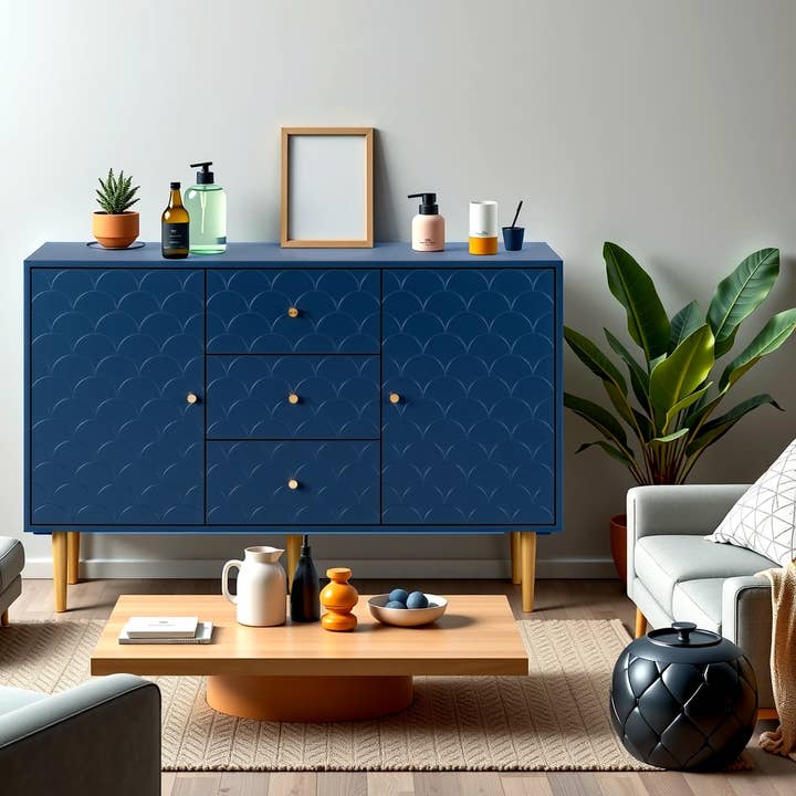 Urban Meuble - Wholesale Cabinet - High sideboard with 2 doors and 3 navy blue drawers with scale pattern H82/B120/T40 AIKETS13