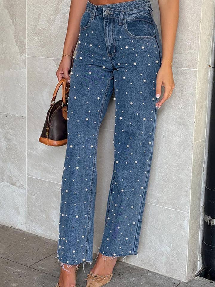 BLUE Pearl Embellished Straight Leg Jeans for wholesale on Faire