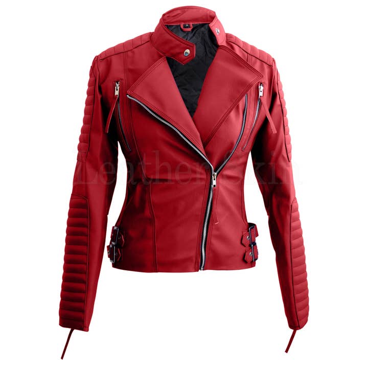 Chaqueta roja de piel sintética estilo Brando para mujer para venta al por mayor de Leather Skin Shop