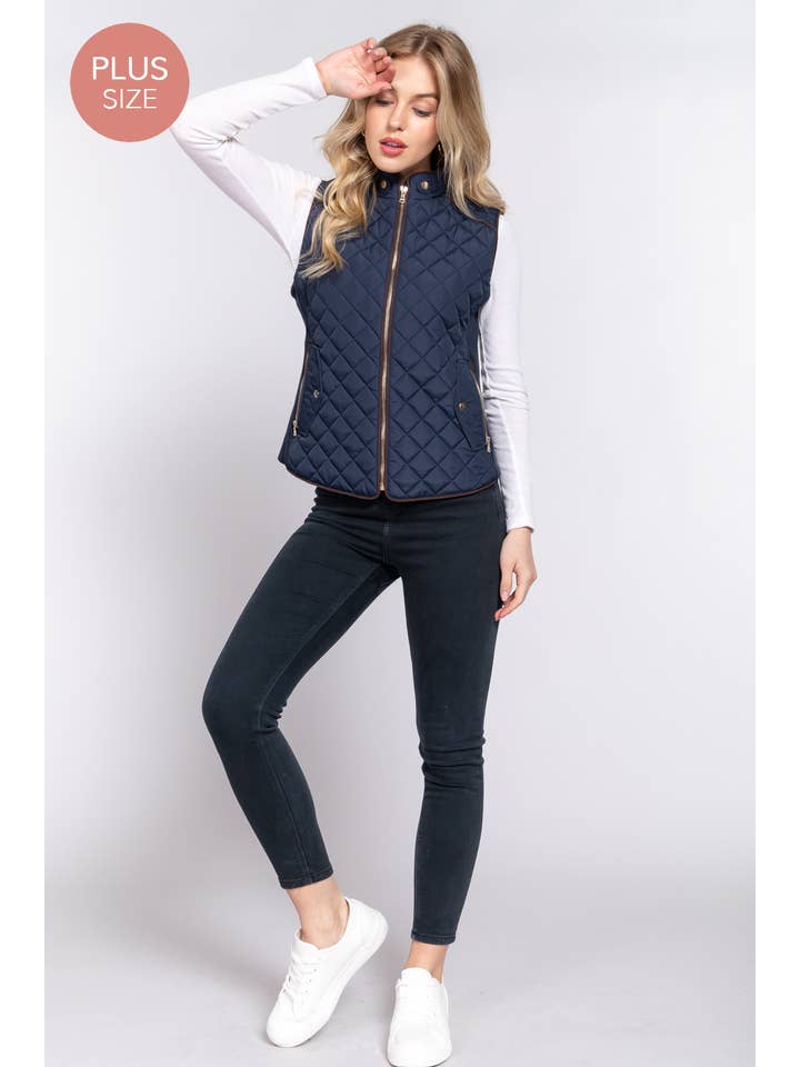 Active Basic | Active USA - Wholesale Outerwear Vest - Women's - Suede Piping Quilted Padding Vest