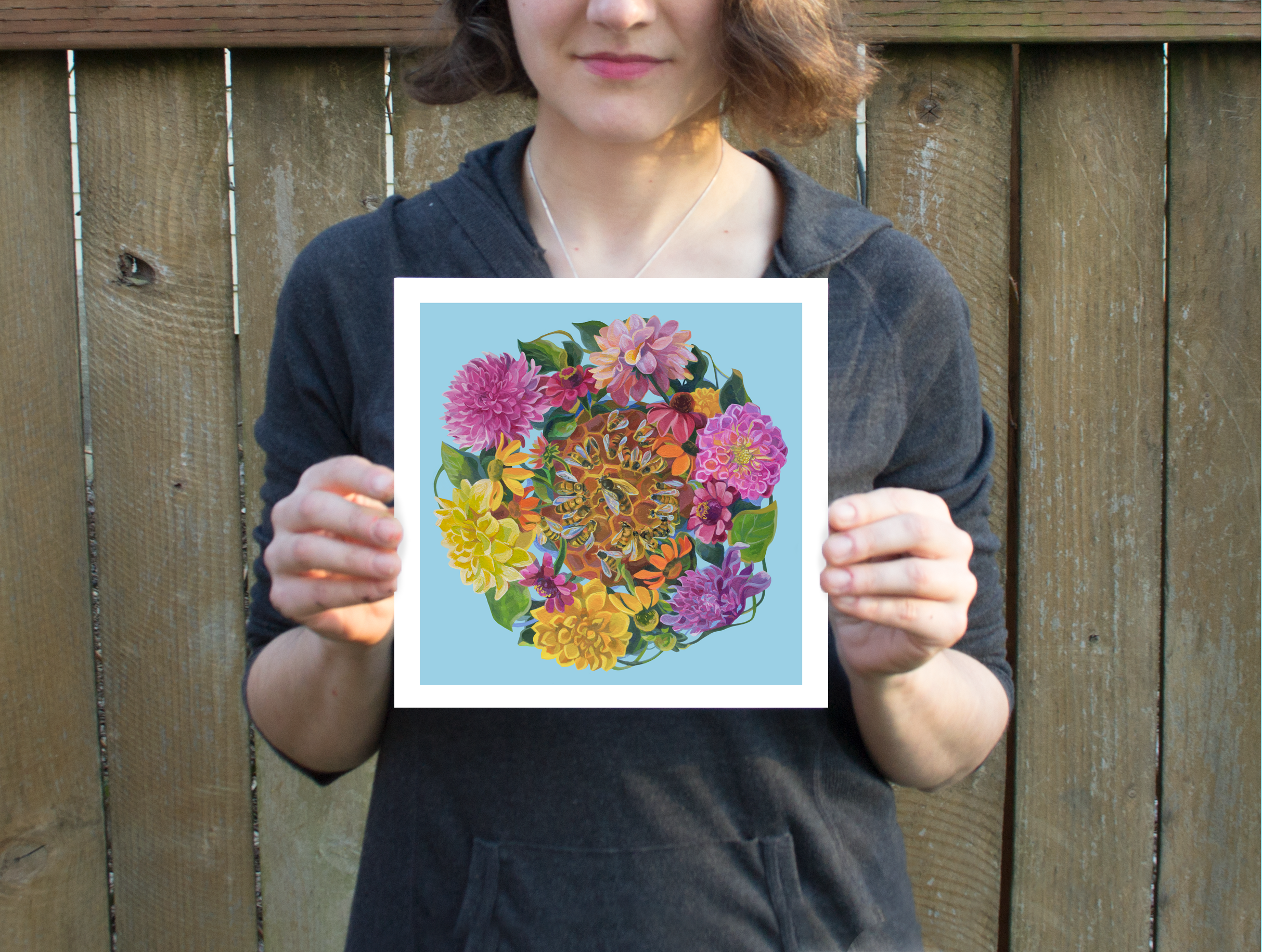 Marigold Art Studios - Wholesale Art Print - Honeybees & Dahlia Flowers Art Print1