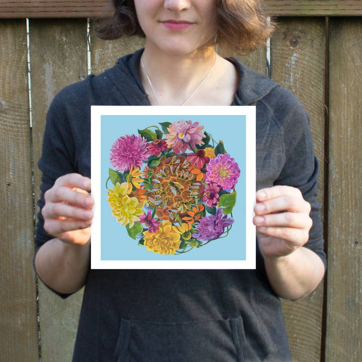 Marigold Art Studios - Wholesale Art Print - Honeybees & Dahlia Flowers Art Print1