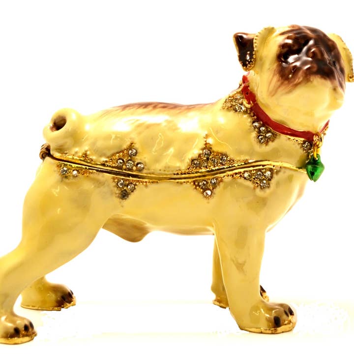 Pug Dog Trinket Box. Håndmalet emalje med Swarovski for engroshandel hos Ciel Collectables