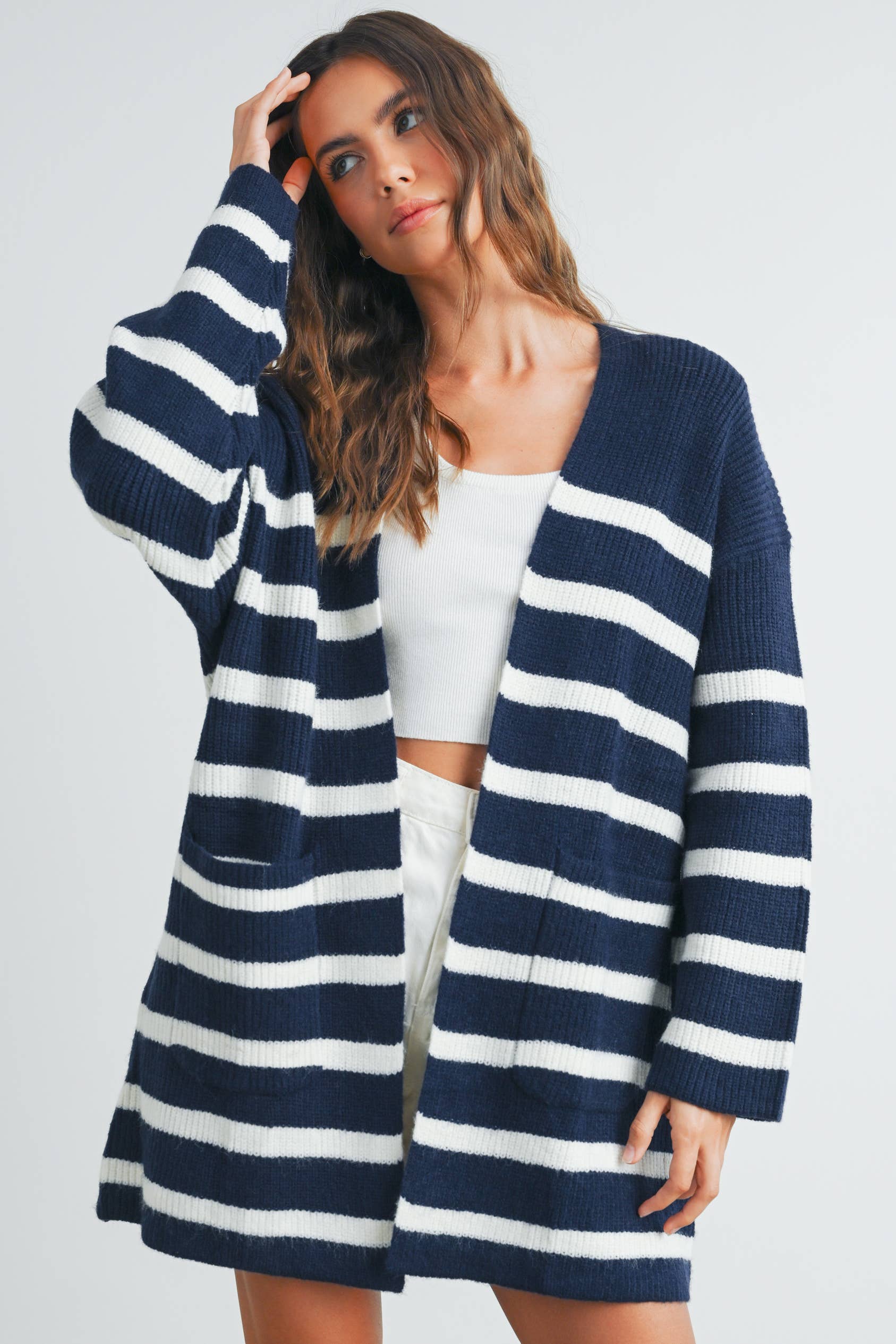 BUTTERMELON - Vente Cardigan – femme - Cardigan long à rayures tricoté - BMC731622