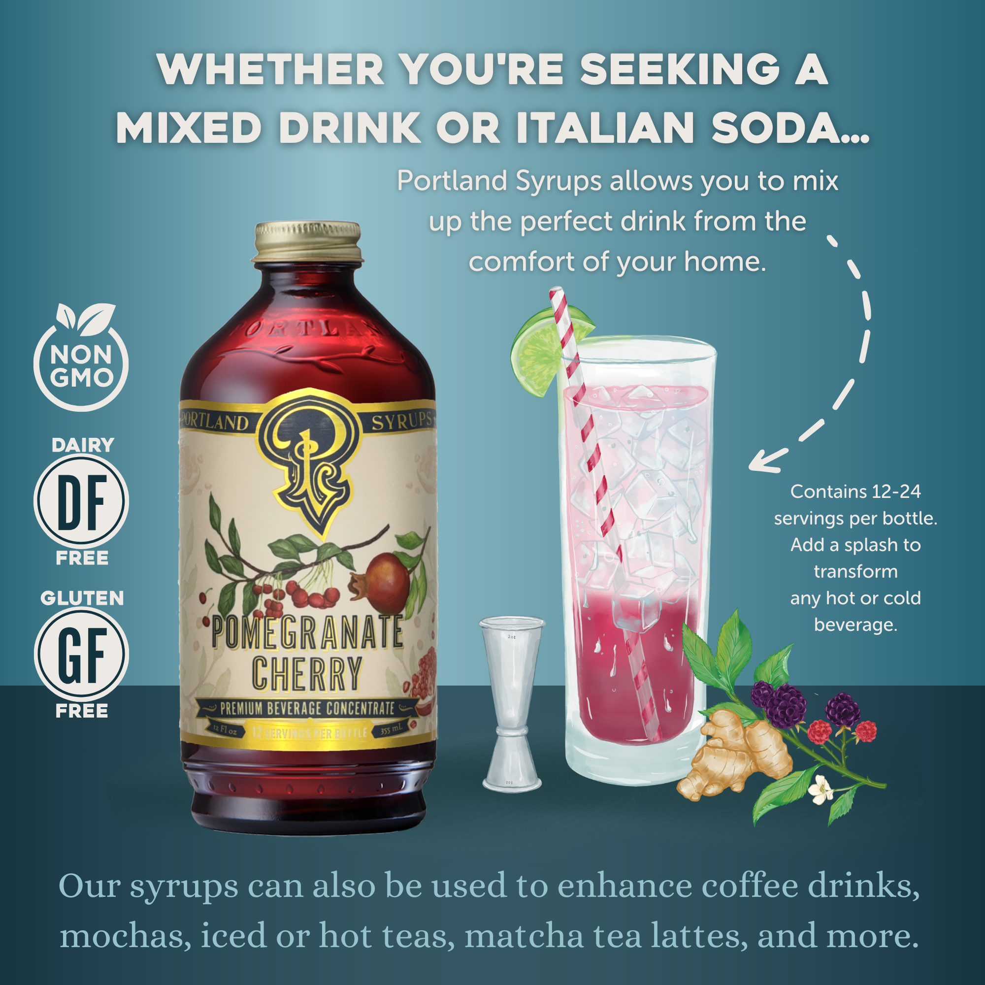 Portland Syrups - Wholesale Cocktail Mix/Syrup - Pomegranate Cherry Syrup 12oz - Cocktail/Mocktail Mixer3