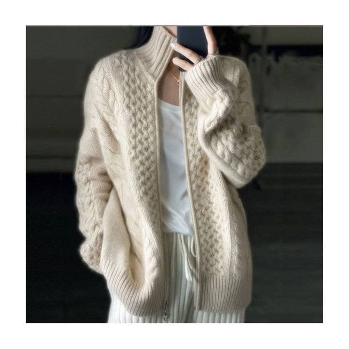 WHITE Thick High Neck Zipper Twist Knit Cardigan Sweater for wholesale on Faire4
