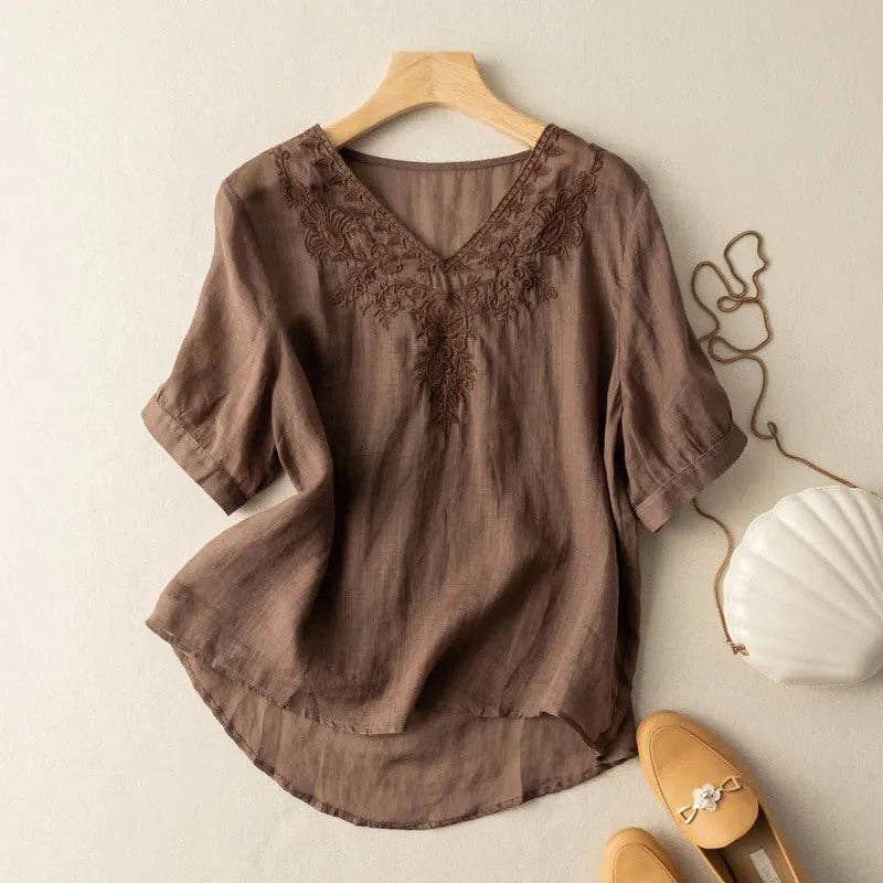 FurDecoration - Wholesale Blouse - Women's - Breathable Loose Fit V-Neck Embroidered T-Shirt2