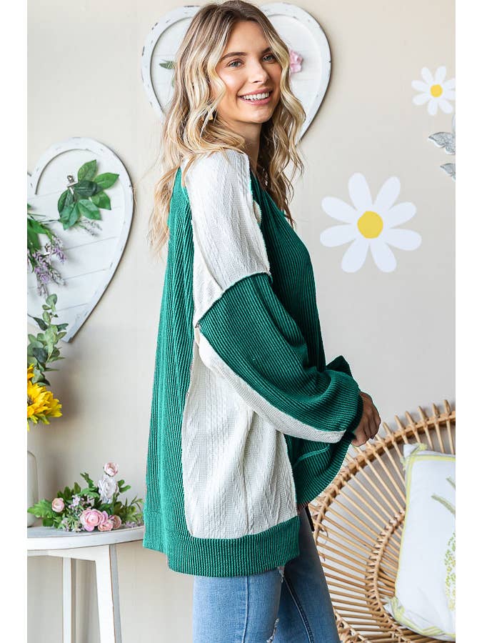 7th Ray - Wholesale Knit Top - Women's - Rib Color Block Hi Low Hem Drop Shoulder Pullover Top T5412