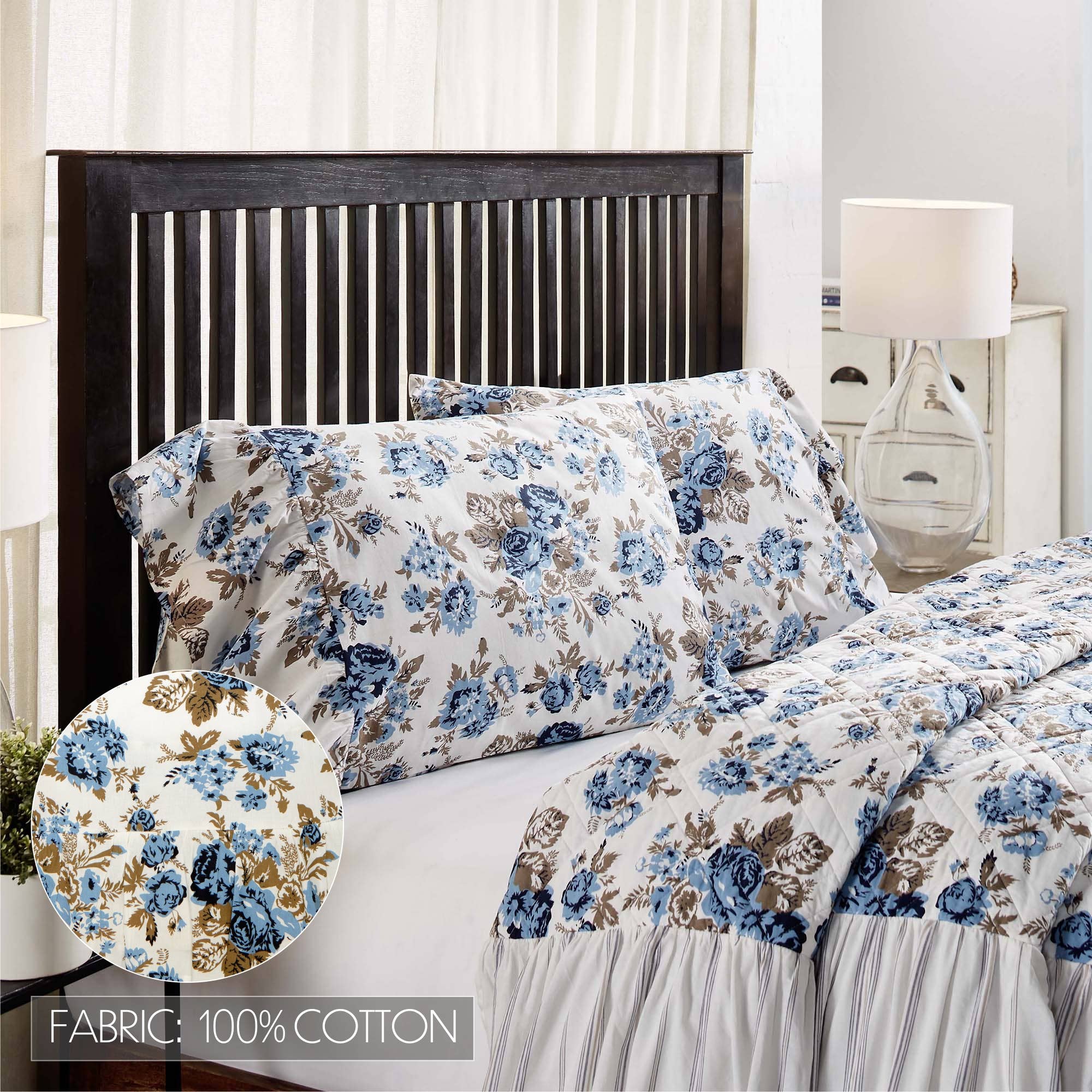 VHC Brands - Wholesale Bedding Pillowcase/Sham - Annie Blue Floral Ruffled Standard Pillow Case Set of 2 21x26+83