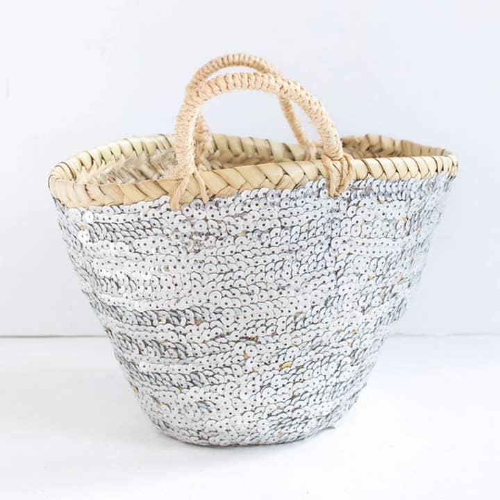 Silver Sequin Straw Basket, Straw Bag, Planter, Sequin Purse for wholesale by DarKech