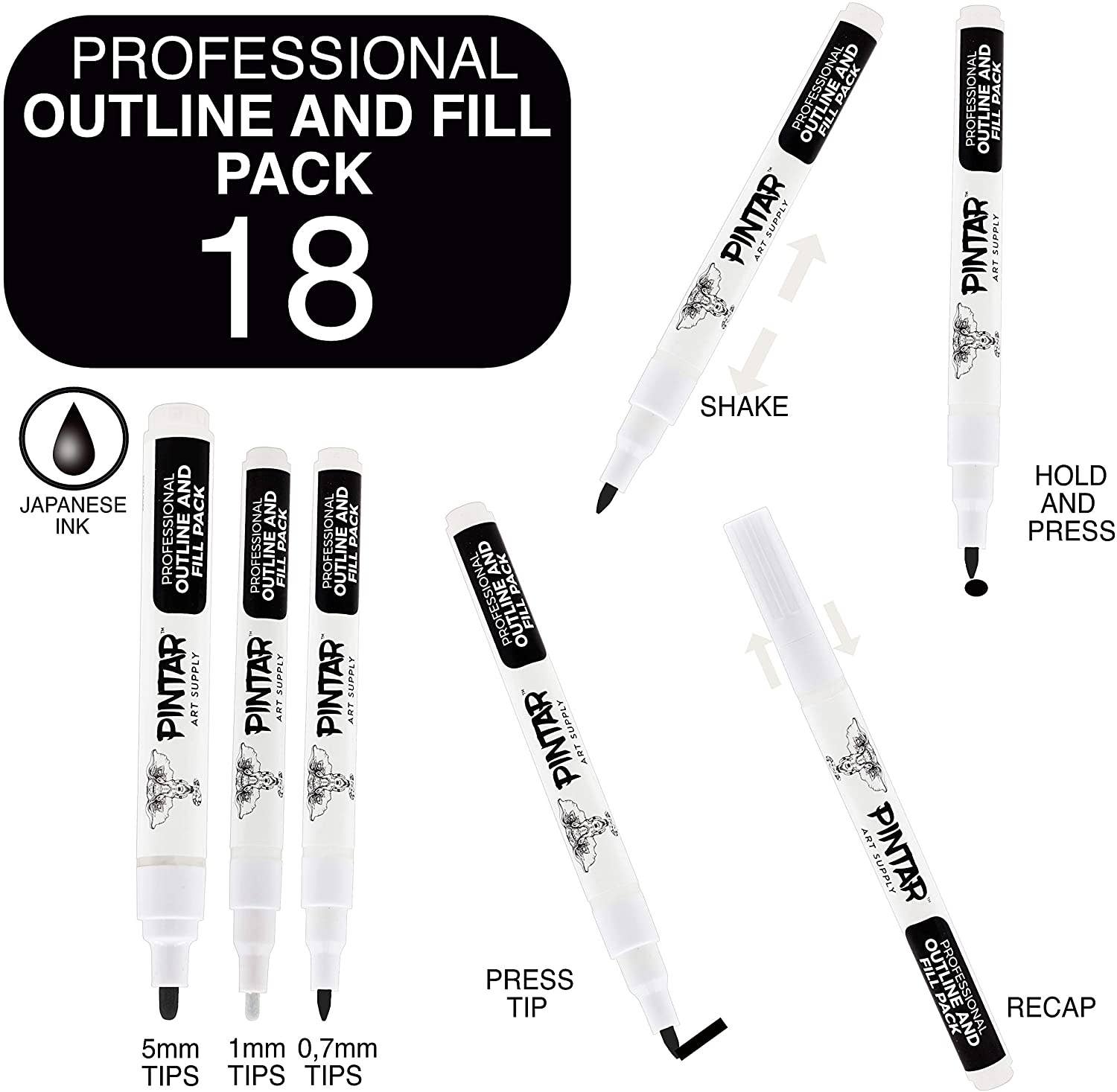 Pintar Art Supply - Wholesale Marker - PINTAR Art Supply Professional Outline & Fill Pack - Set of 18 Black/White Paint Markers (6) 0.7mm (6) 1mm (6) 5mm Tips - Smooth-Flowing Japanese Ink2