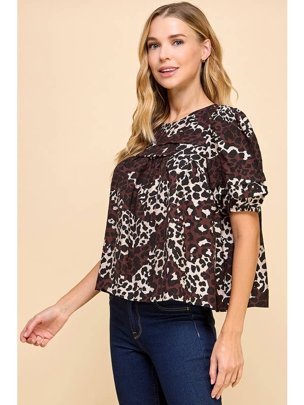 TCEC - Wholesale Blouse - Women's - CT9173-Cheetah Print Pleated Yoke Line Top