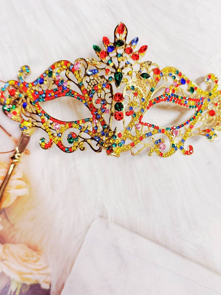Happy Dream Gifts – wholesale Costume – Women's – Rainbow Masquerade Mask, Crystal Handheld Mask, Gold Mask4