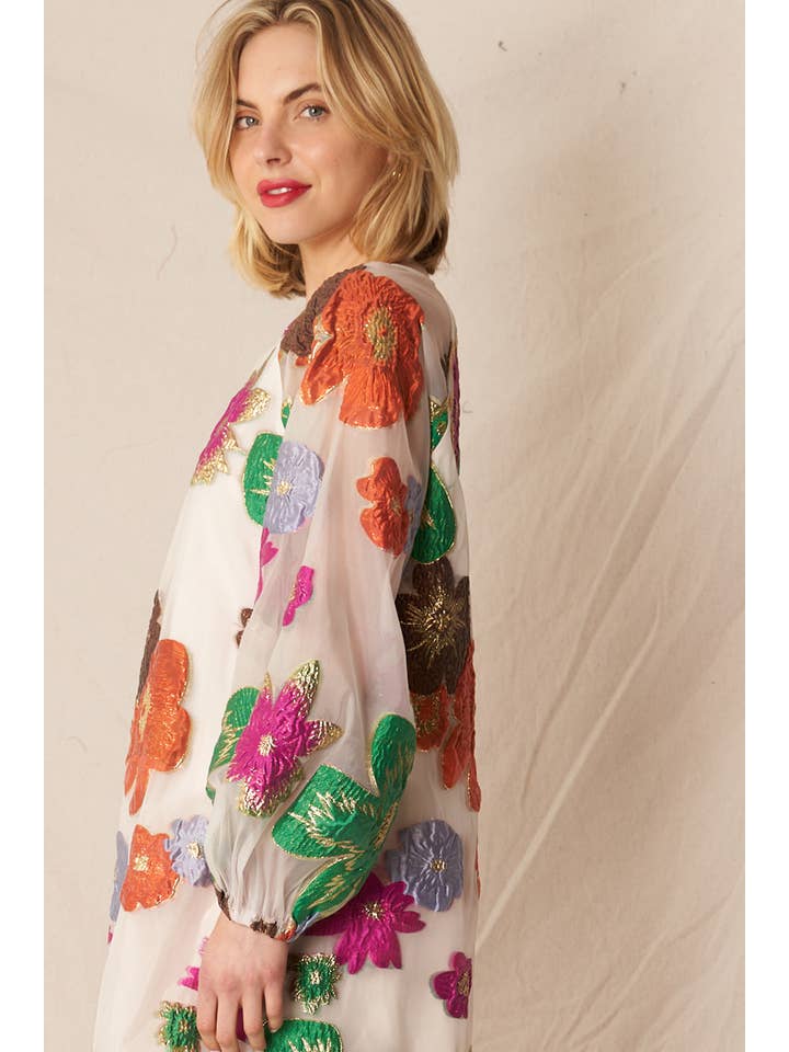 En Crème - Wholesale Dress - Women's - Bubble Sleeve Floral Organza Mini Dress