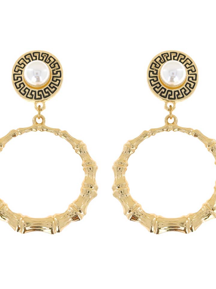 Bamboo Open Circle w/ Greek Key Circle Post Dangle Earrings for wholesale by SP Sophia Collection