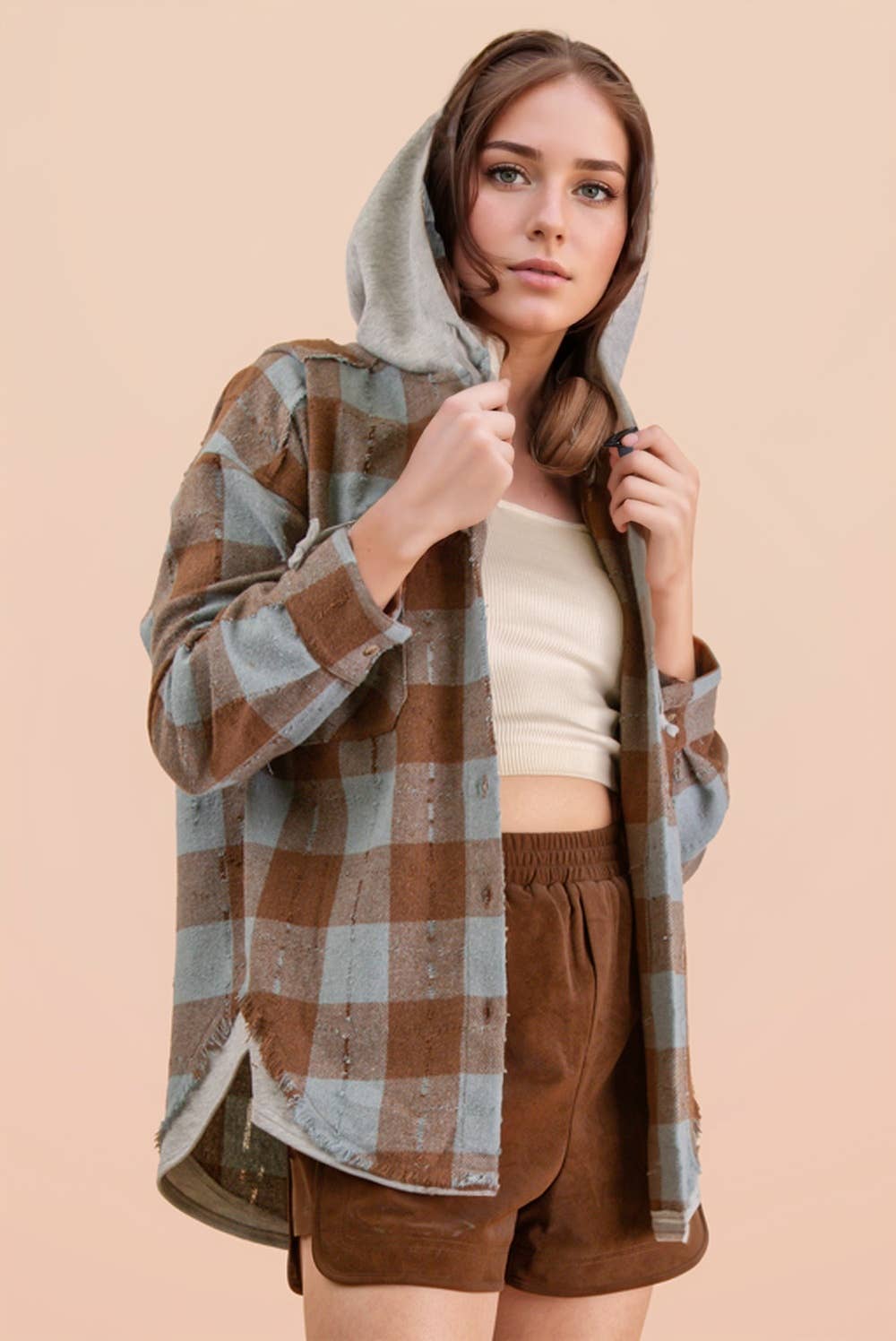 VERY J - Wholesale Jacket - Women's - NT12253-Oversized Flannel Hooded Button Down Jacket24