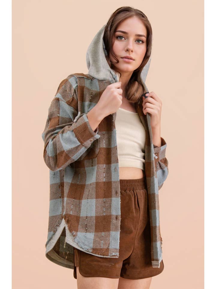 VERY J - Wholesale Jacket - Women's - NT12253-Oversized Flannel Hooded Button Down Jacket24