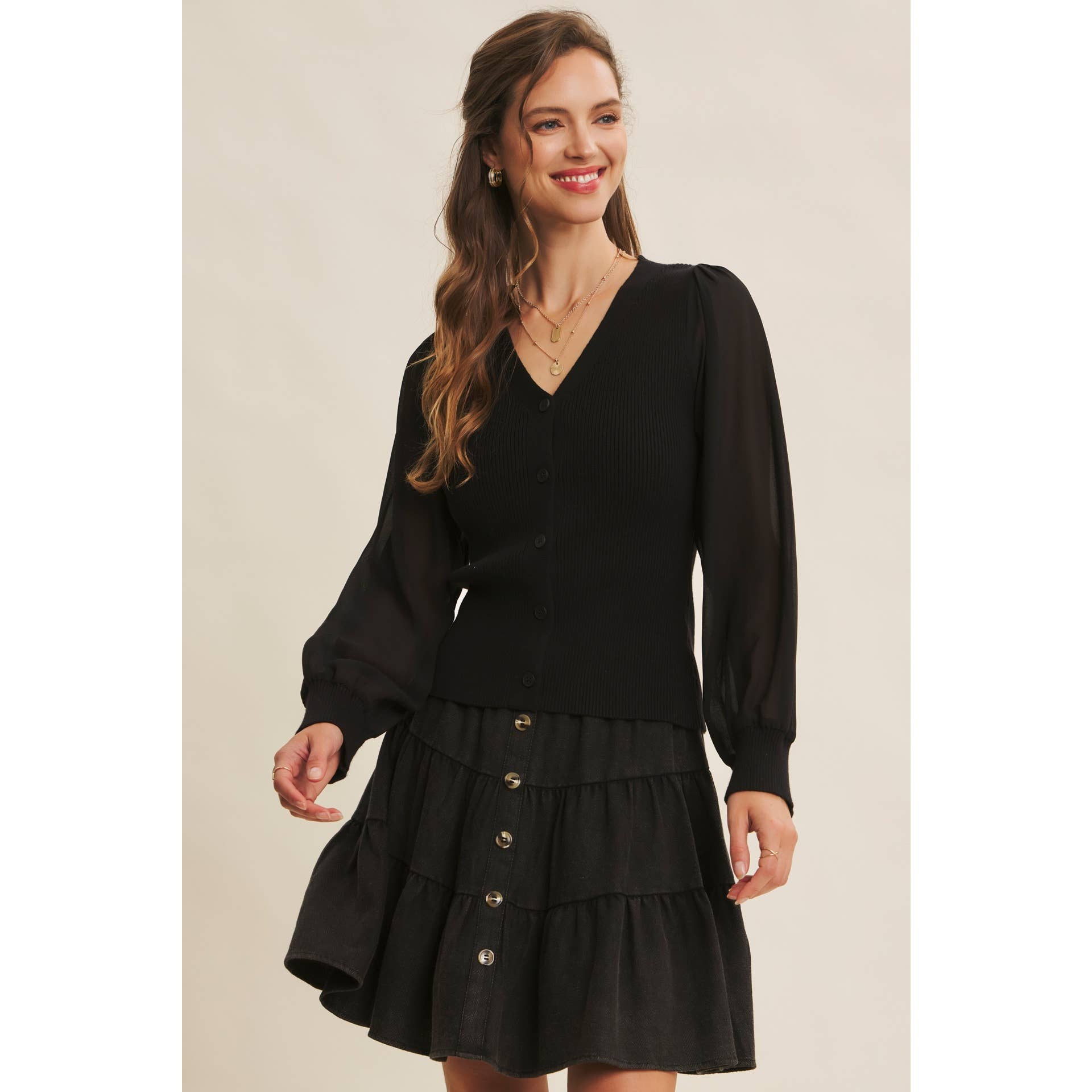 in february - Wholesale Cardigan - Women's - FITTED RIB SWEATER CARDIGAN WITH SHEER CHIFFON SLEEVES12