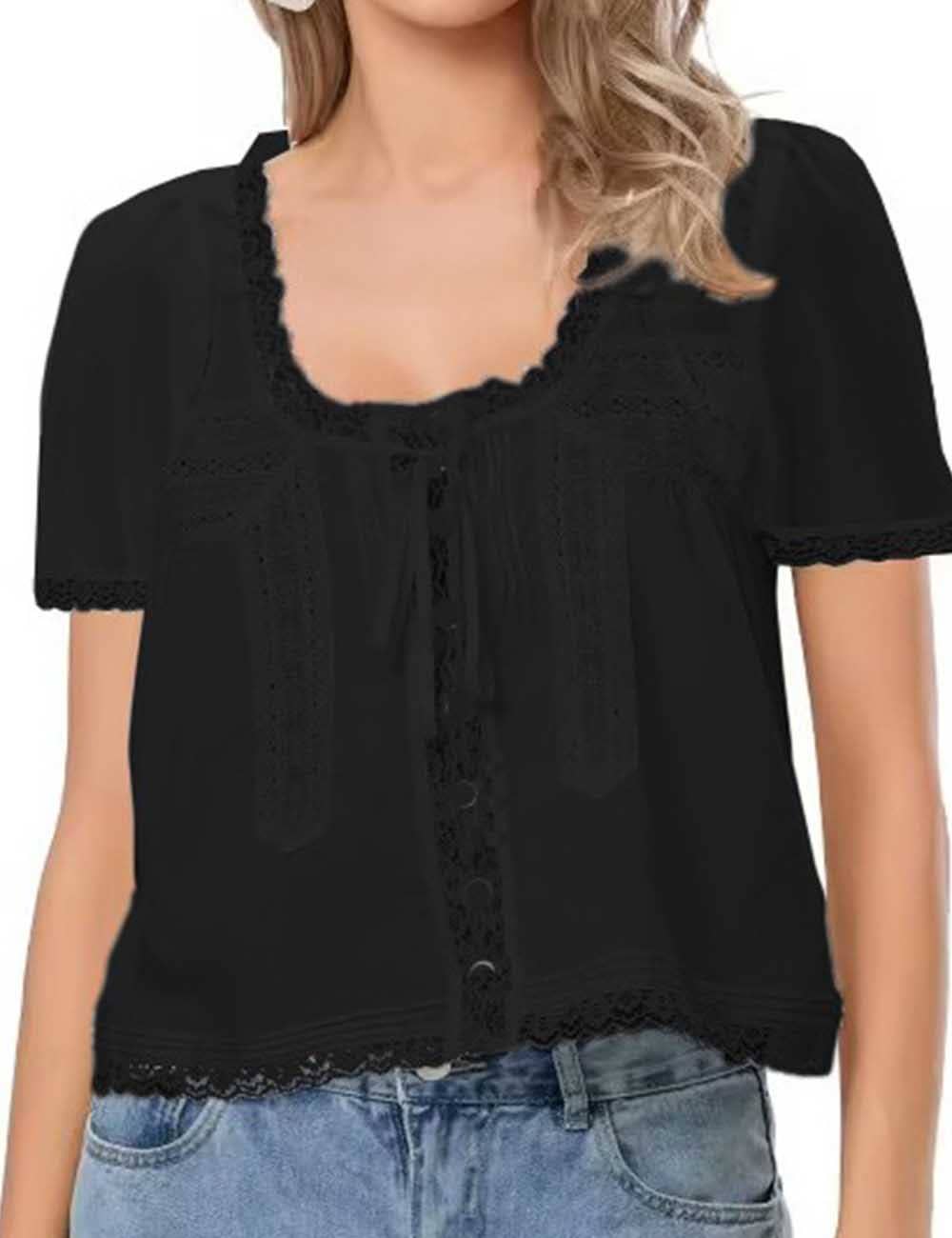 Sweetkama - Wholesale Blouse - Women's - Ladies Solid Color Square Neck Lace Front Tie Top4