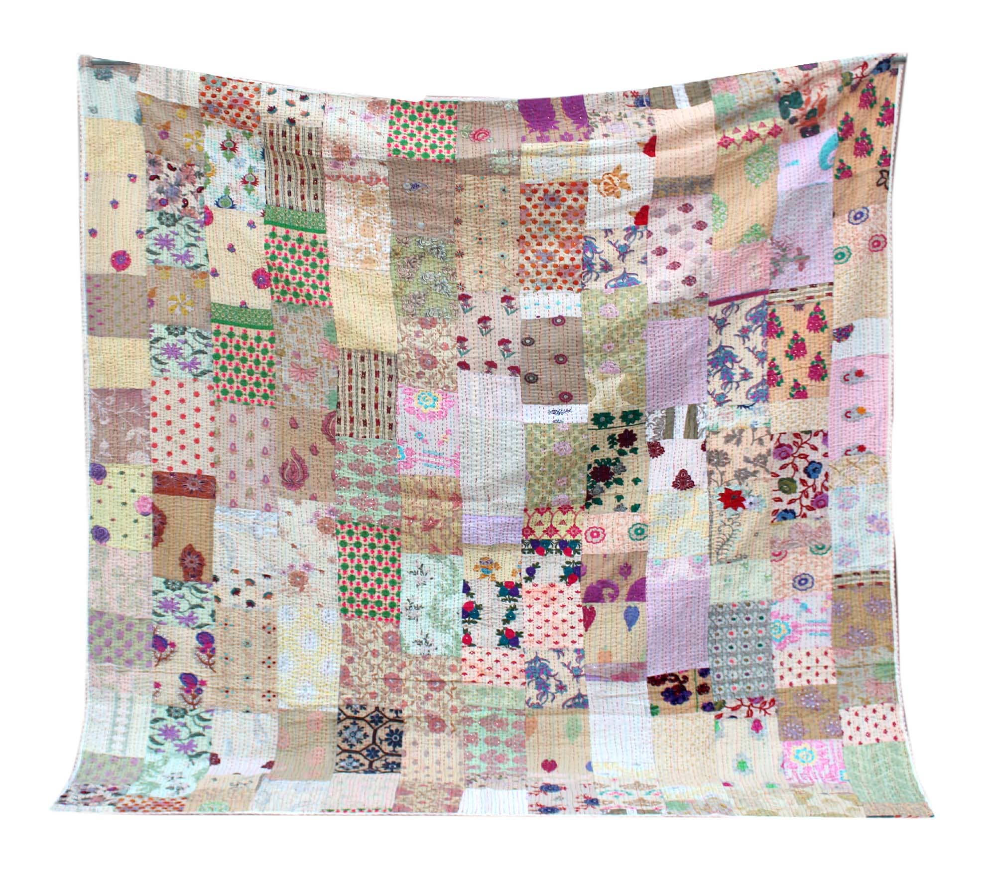 Beige  Cotton Embroidered Sari Patchwork Kantha Bedspread  for wholesale on Faire1