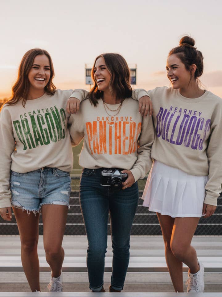 Distressed Skinny Mascot Spirit Sweatshirt (SPIRIT1215-DTG-SS) for wholesale by Hustle+Heart