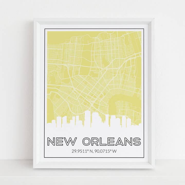 New Orleans Louisiana art print with skyline and map for wholesale by Paperfinch Design