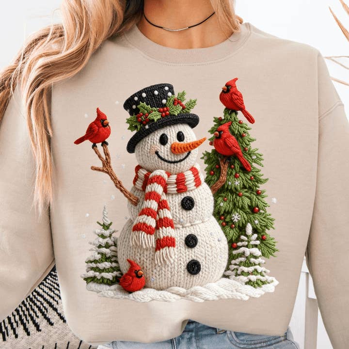 Snowman & Cardinals Faux yarn Graphic Apparel for wholesale by Kindred Flame Outfitters