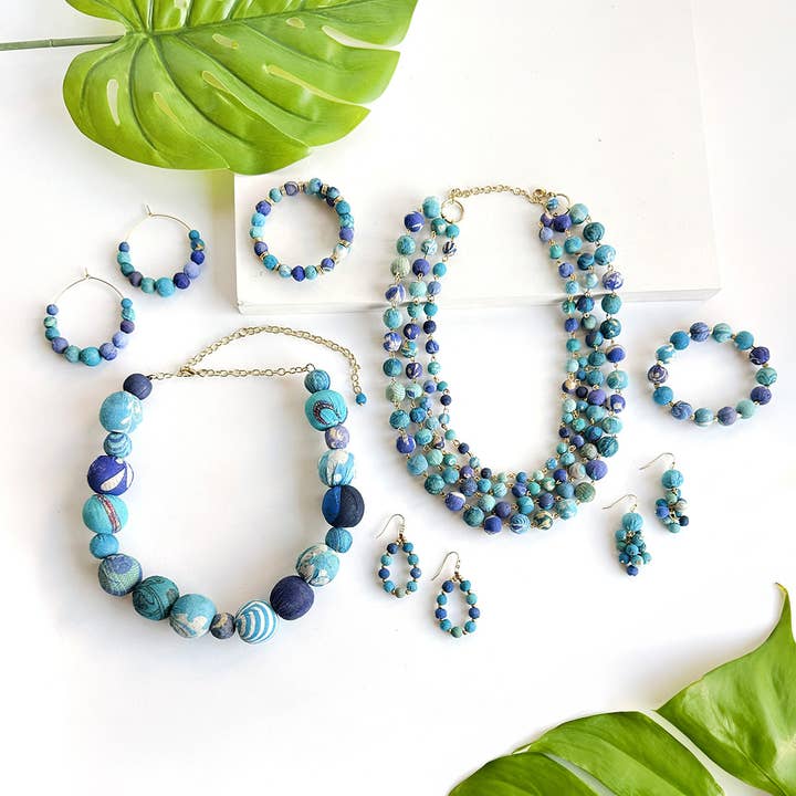 WorldFinds - Wholesale Dangle Earrings - Kantha Azure Beaded Teardrop Earrings6