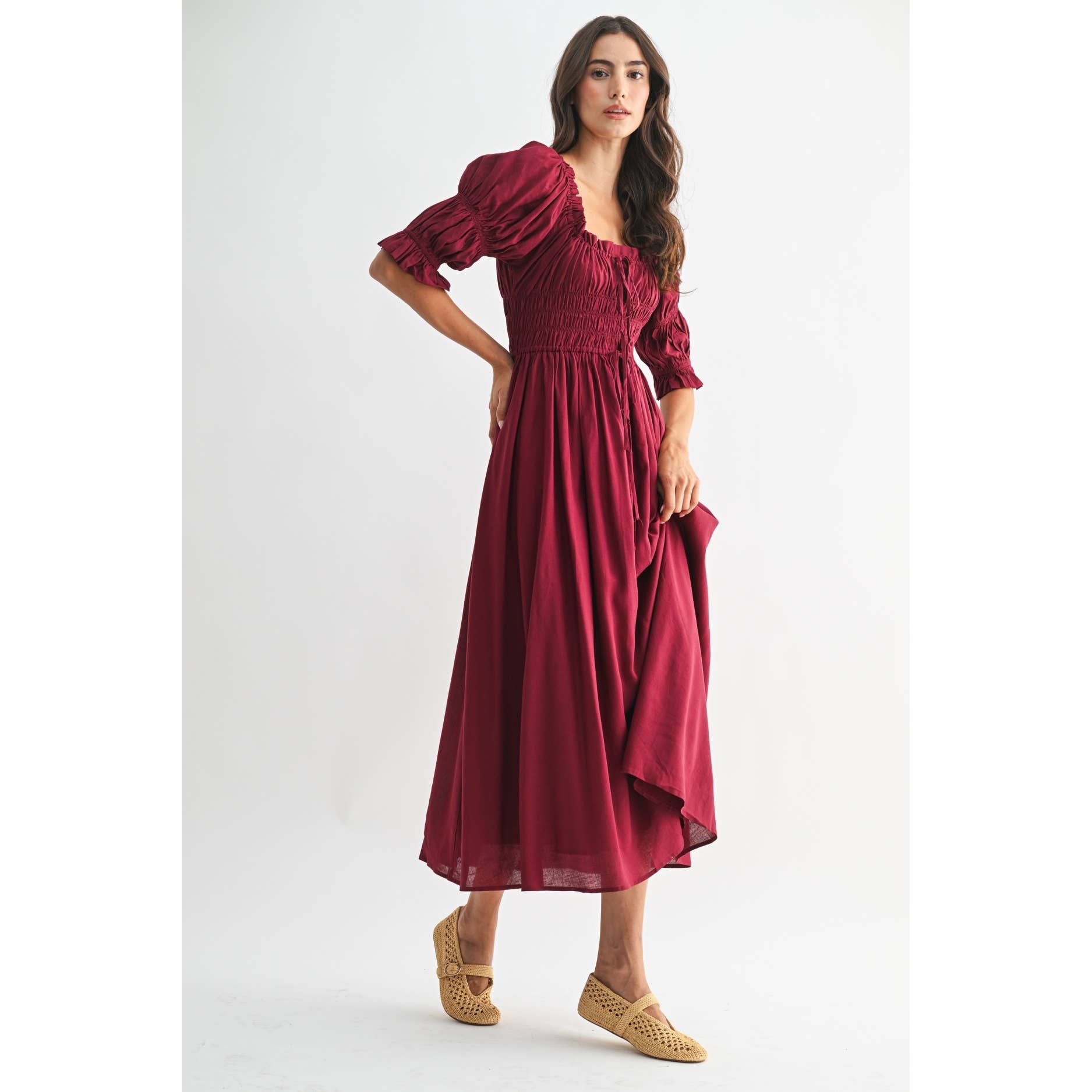 BURGUNDY OFF-SHOULDER SMOCKED MIDI DRESS WITH PLEATED SKIRT for wholesale on Faire6