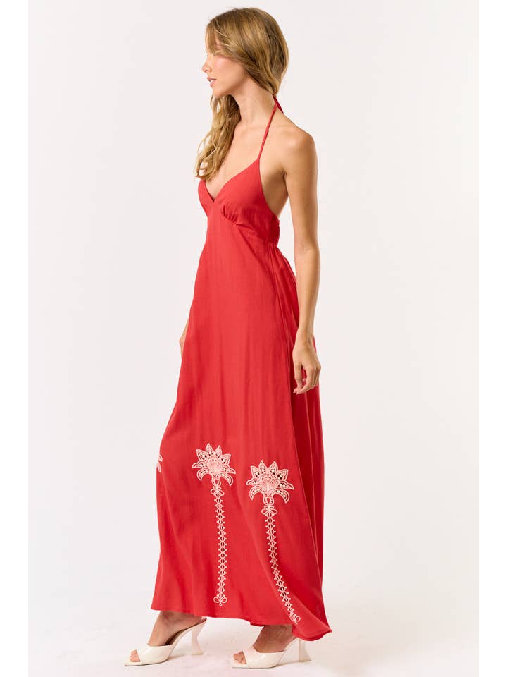 Lalavon - Wholesale Dress - Women's - ILD5300 SMOCKED BACK HALTER EMBROIDERED MAXI DRESS