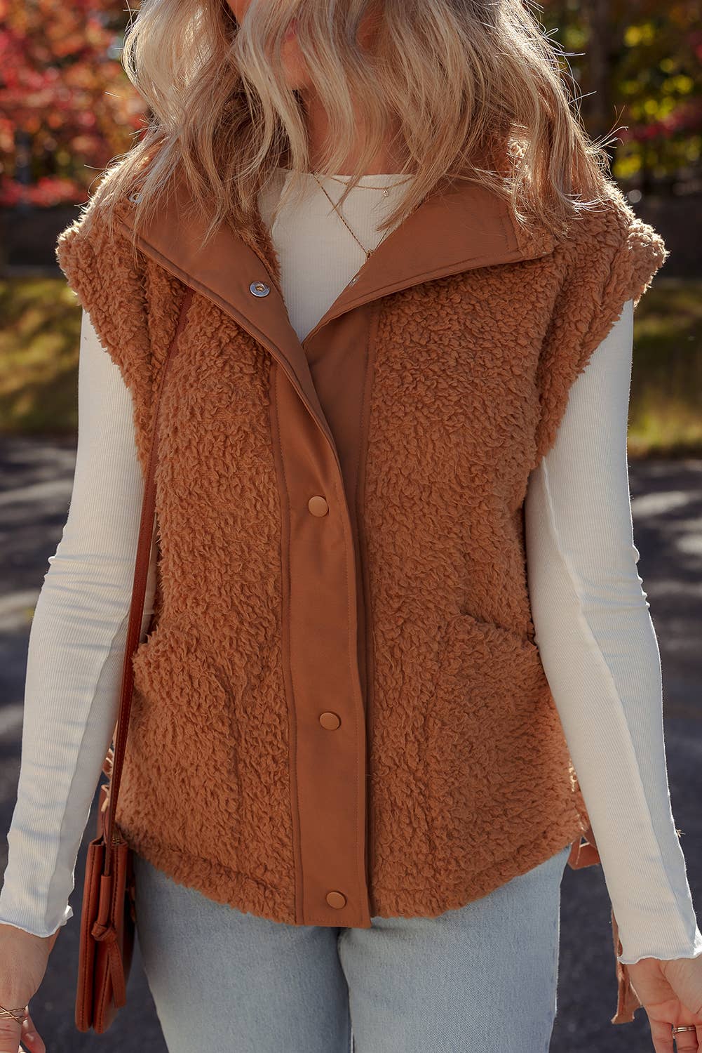Cinnamon  LDC Snap Button Front Knot Side Pocketed Plush Vest for wholesale on Faire2