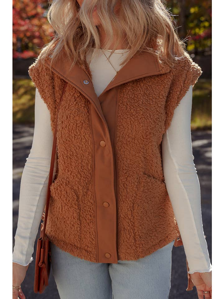 Cinnamon LDC Snap Button Front Knot Side Pocketed Plush Vest for wholesale on Faire2