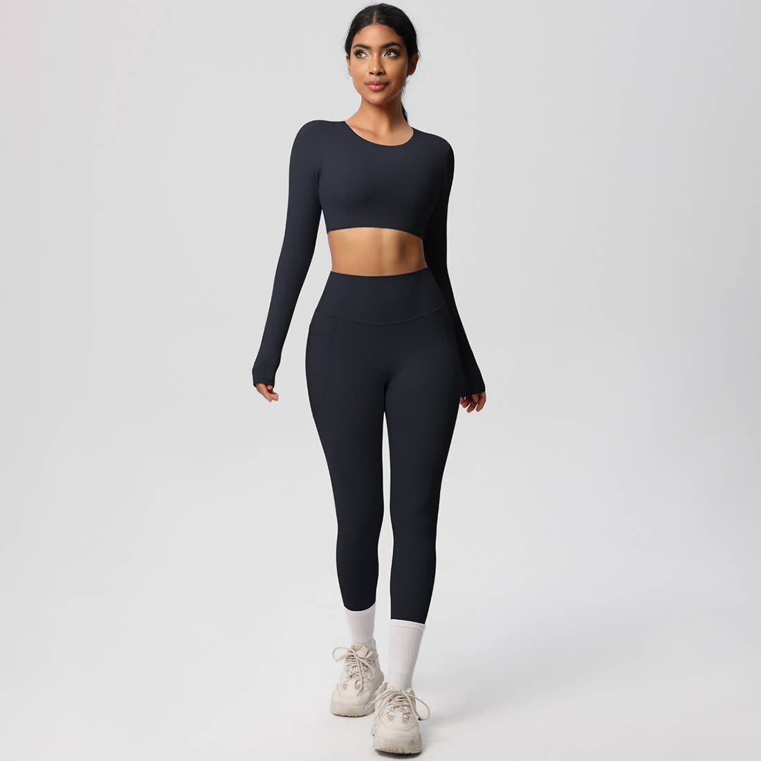 Sodalemon - Wholesale Activewear Set - Women's - Women High-Waist Yoga Set:Cropped Long Sleeve Top + Leggings2