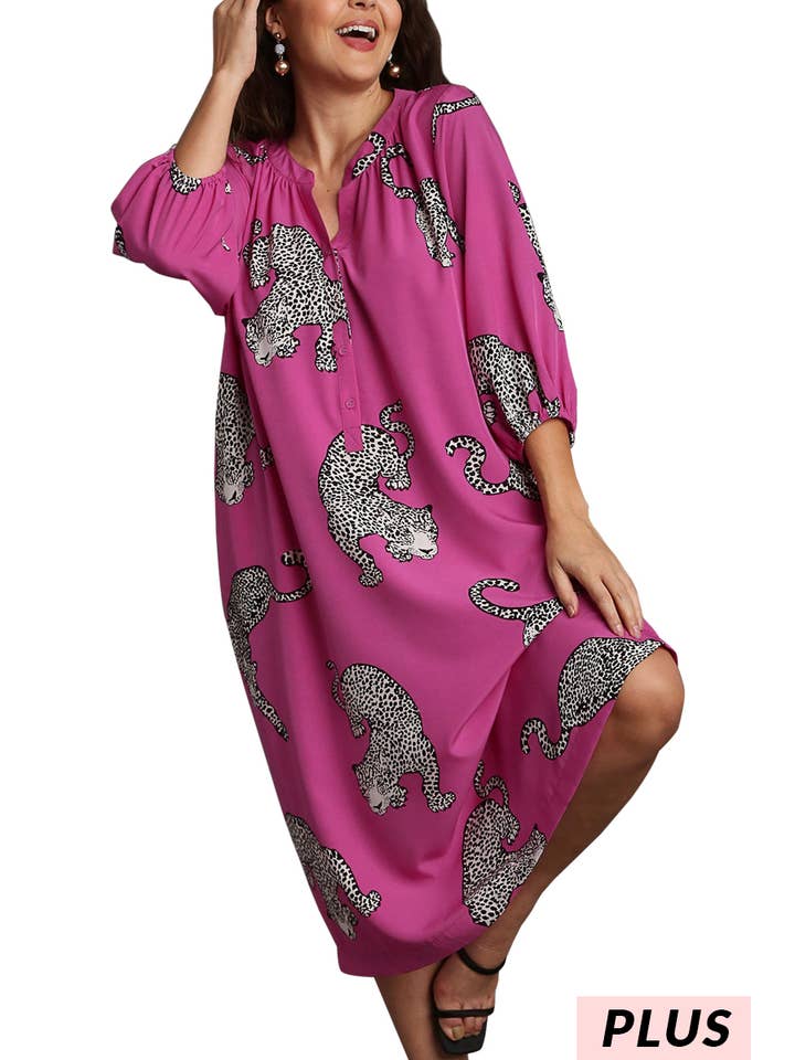 Vanilla Monkey - Wholesale Dress - Women's - Plus Cheetah Print Half Button Down Midi Dress3