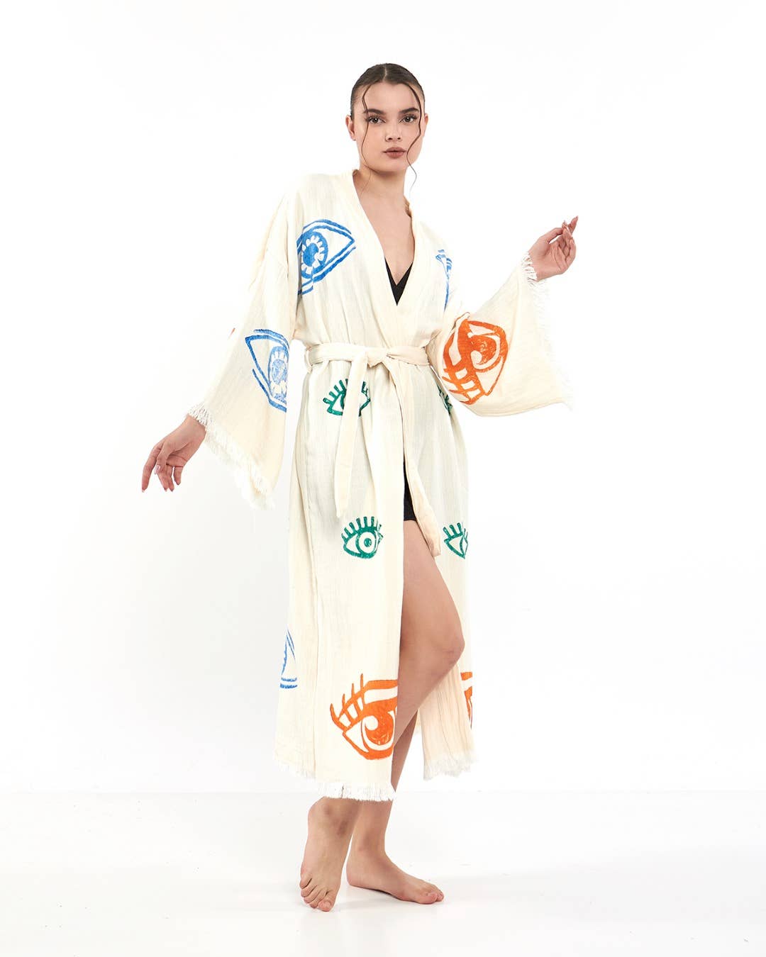 Yaz Concepts - Wholesale Kimono - Women's - Colorful Eye Print Bathrobe Festival Kimono Coverup White