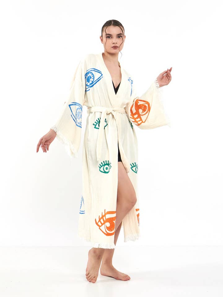 Yaz Concepts – Großhandel Kimono – Damen – Bunter Augenprint-Bademantel Festival Kimono Überwurf Weiß