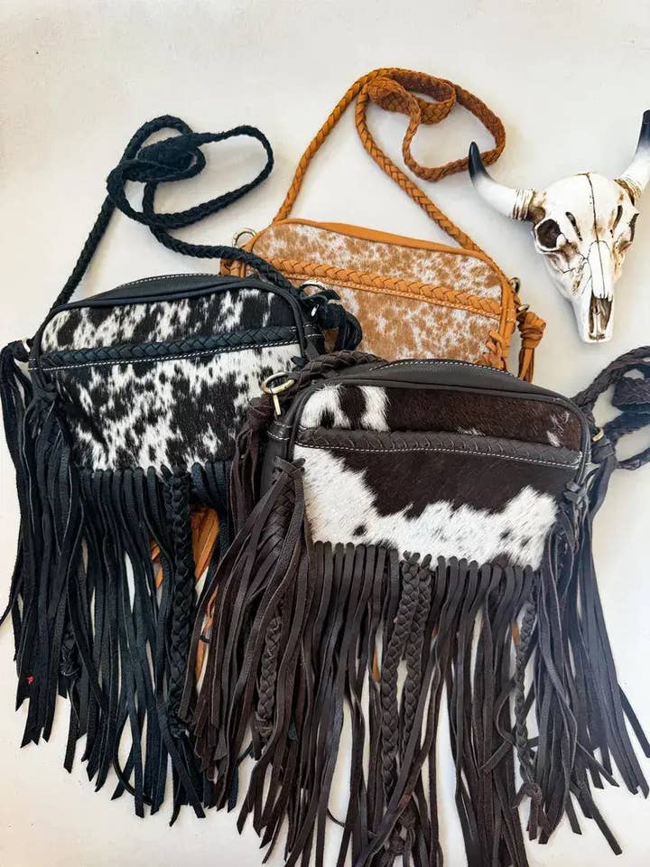 Cowhide Fringe Crossbody - Black for wholesale by Ganges Grain Inc