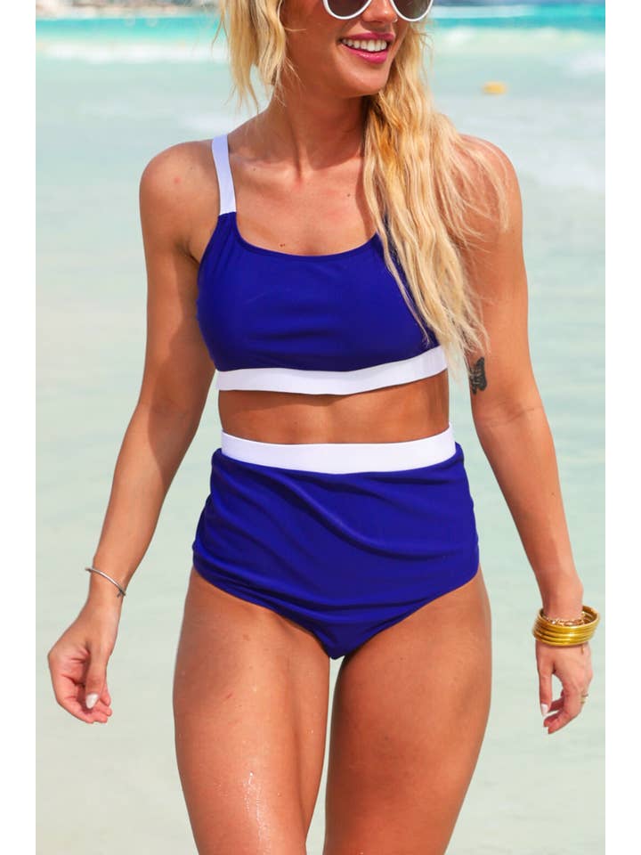 Navy White Along The Shore Two Piece Swimsuit, Navy/White for wholesale on Faire