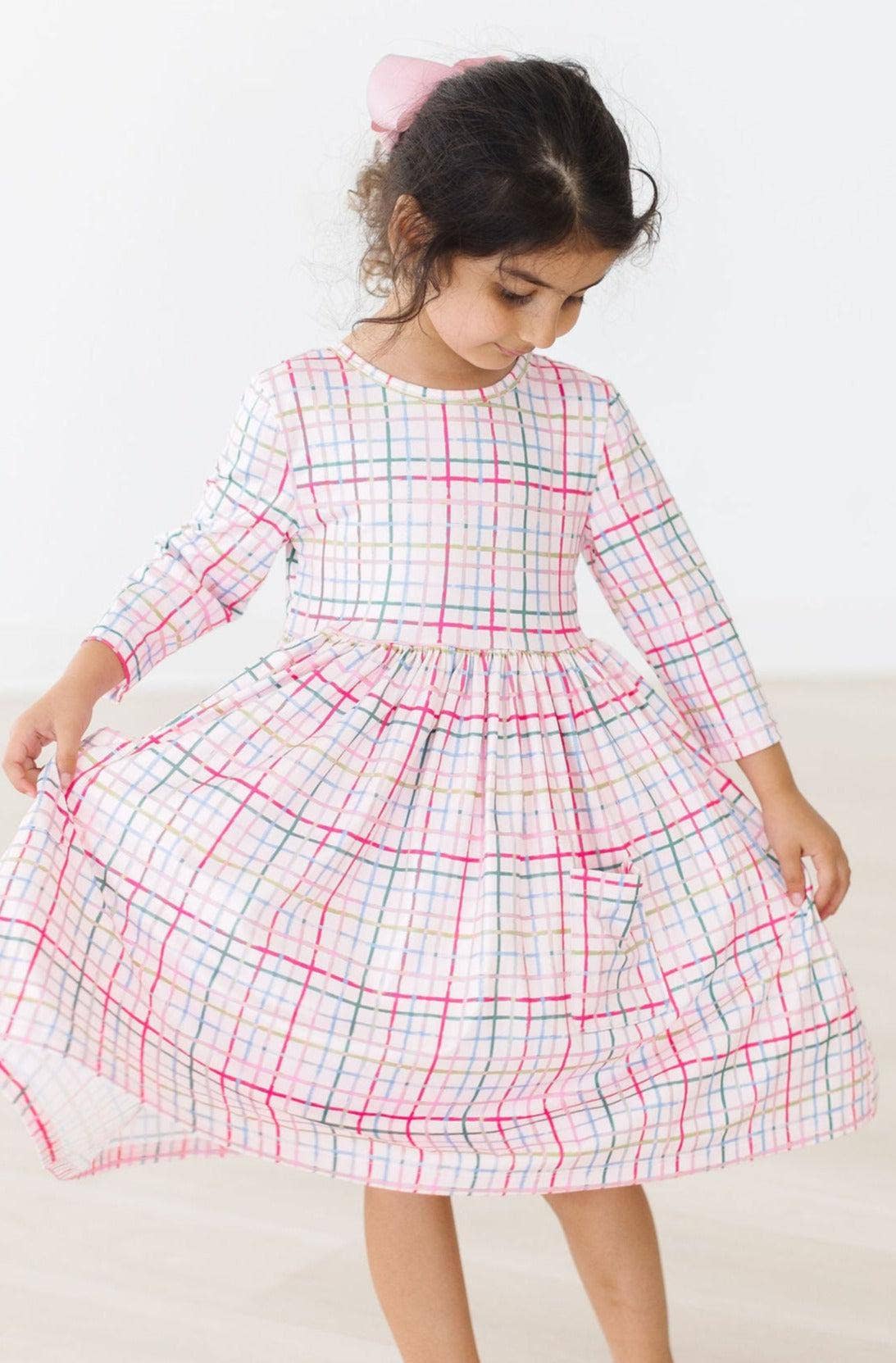 Mila & Rose - Wholesale Dress - Kids - Pink Plaid 3/4 Sleeve Pocket Twirl Dress