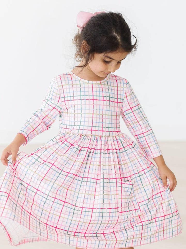 Pink Plaid 3/4 Sleeve Pocket Twirl Dress for wholesale by Mila & Rose