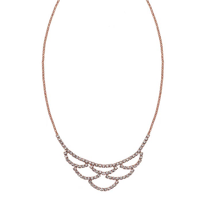 Collier à bretelles festonné en métal doré rose avec cristaux blancs pour la vente par Luxe on Main LLC
