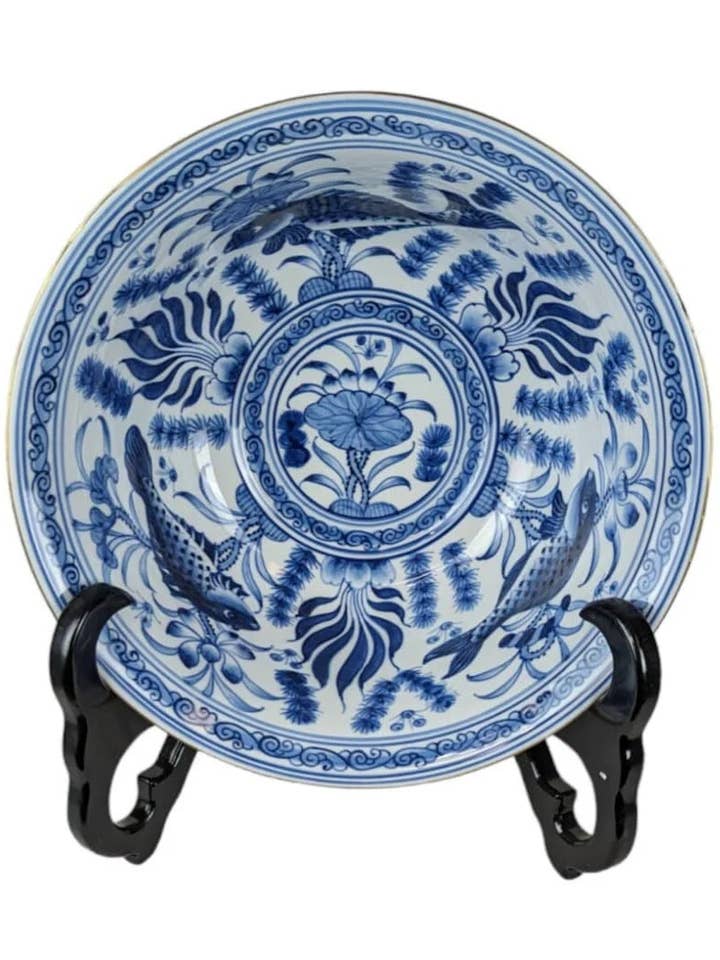 Batik 12" Diam. Blue White Bowl with Fish & Lotus Pattern
for wholesale by The Batik House