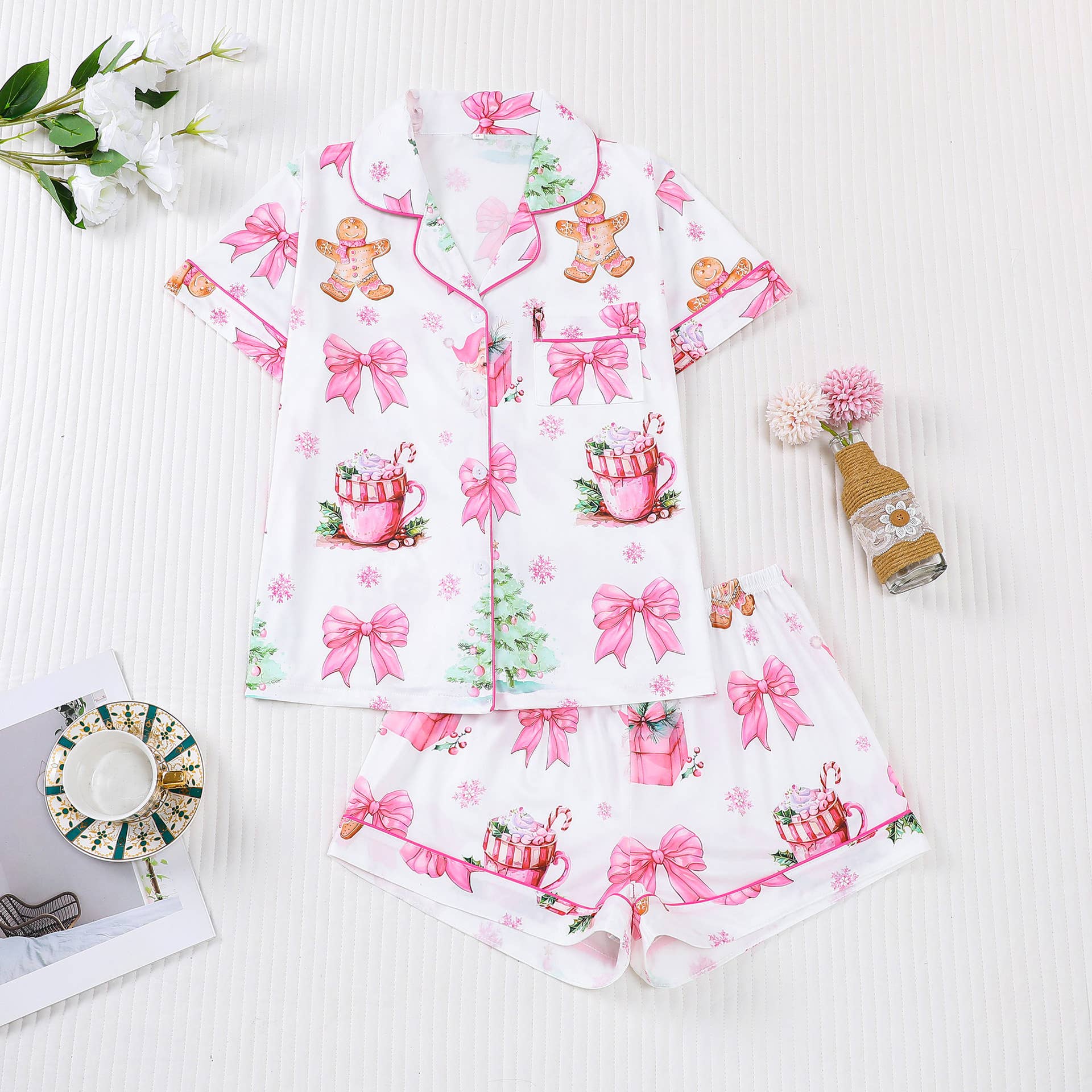 Rosa Clothing - Wholesale Sleepwear Set - Women's - Christmas Santa & Gingerbread Print Short Pajama Set0