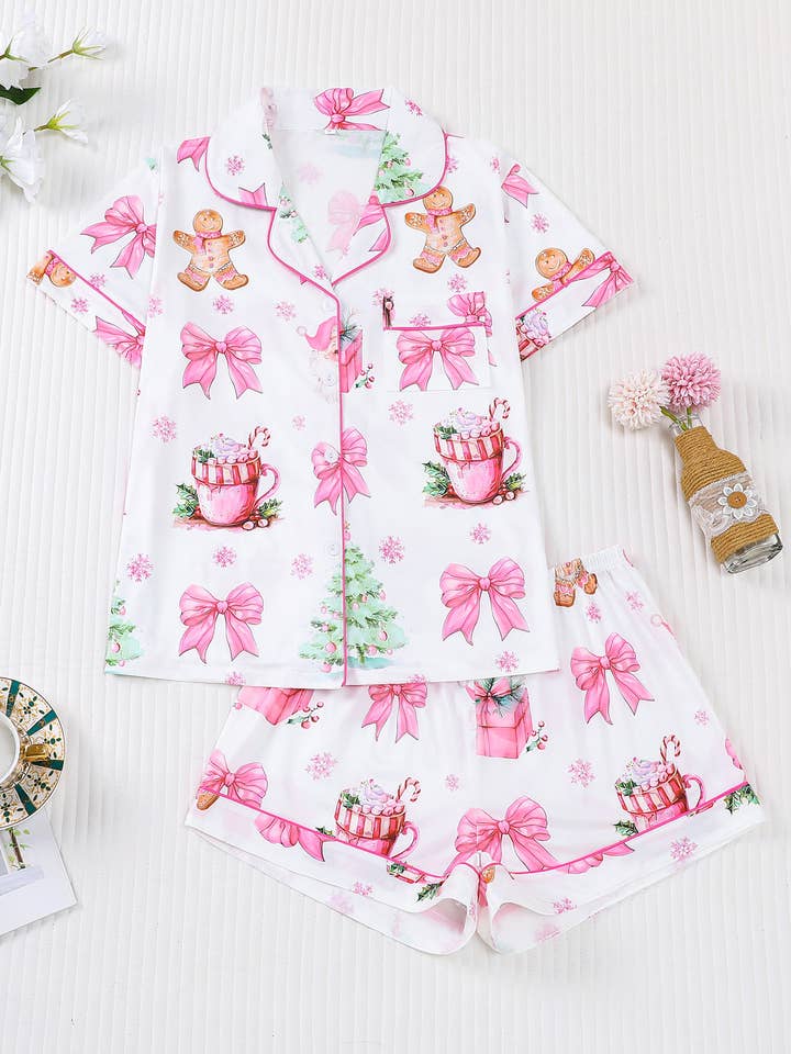 Rosa Clothing - Wholesale Sleepwear Set - Women's - Christmas Santa & Gingerbread Print Short Pajama Set