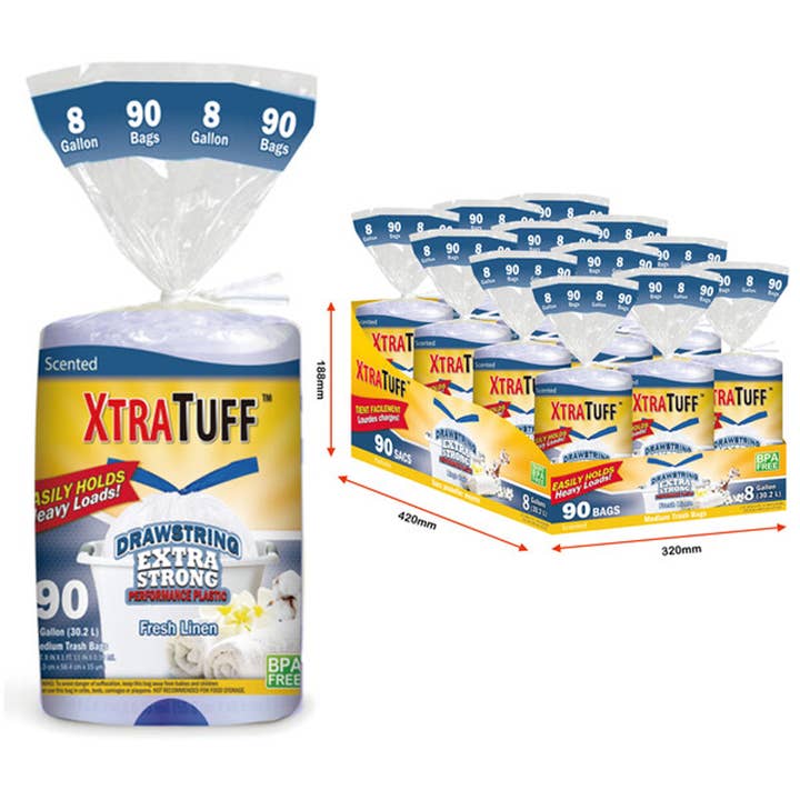 Xtratuff Sac Poubelle à Cordon 8G 90CT Fraîcheur de Lin pour la vente par Deluxe Import Trading