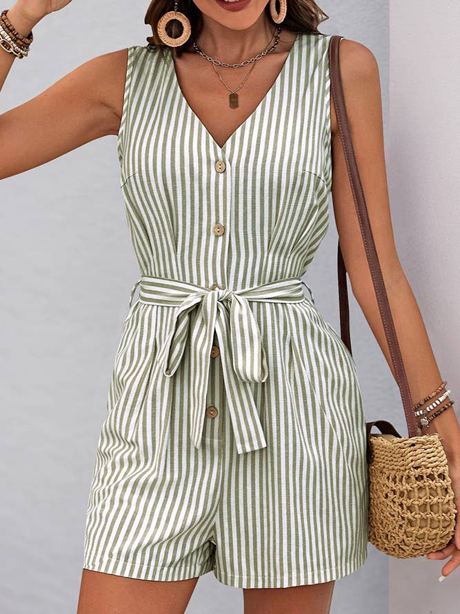 UNISHE - Wholesale Romper - Women's - V-neck Sleeveless Striped Jumpsuit BFZY13008