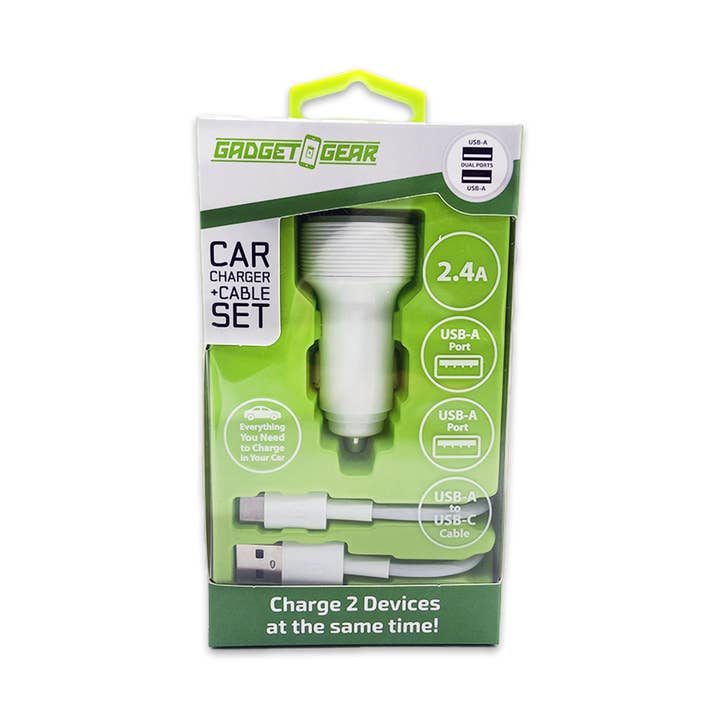 Dual Port Car Charger USB to USB-C Cable Set- 3/Pack for wholesale by Gadget Gear