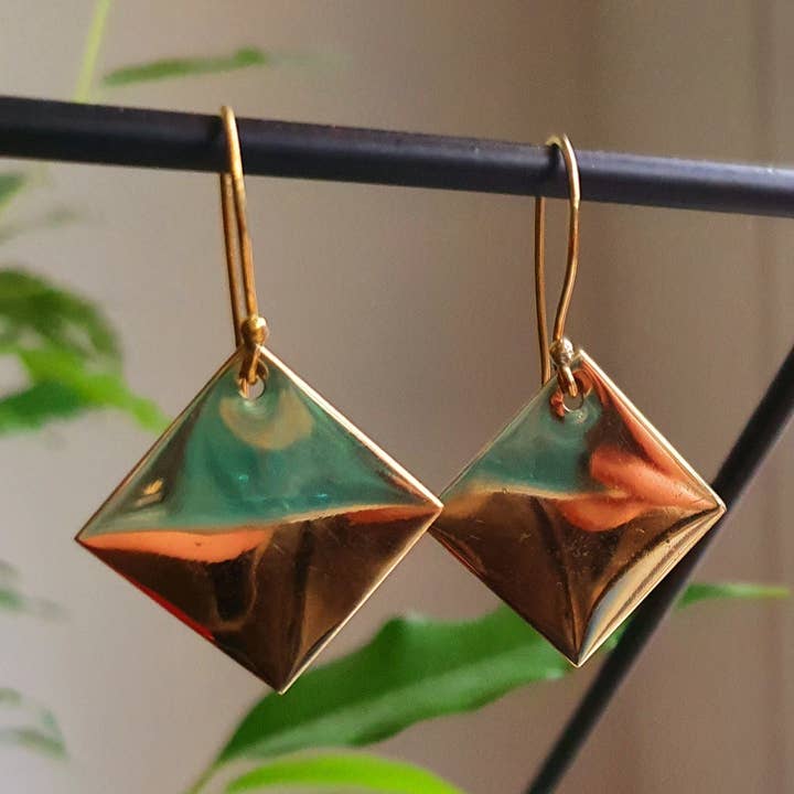 Minimalist Square Gold Pendant Drop Earrings / Geometric Ethnic Boho Classic Bohemian Chic Gypsy Spiral Hippie Festival Tribal style for wholesale by Kaali Boutique