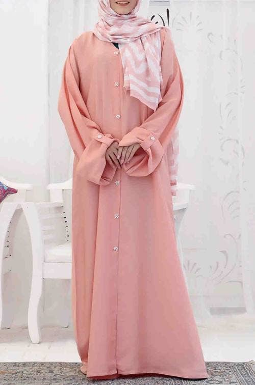 Flerfärgad Dubaiinspirerad abaya med öppen front i ljus persikofärg för wholesale på Faire0