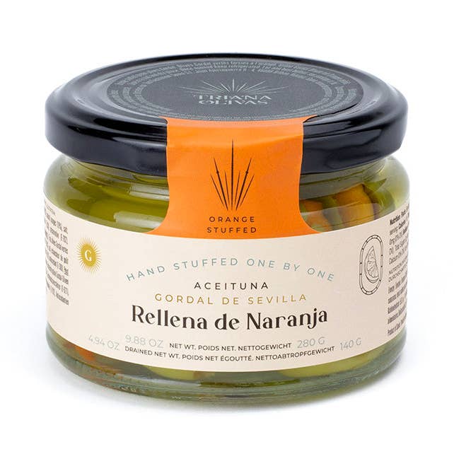 Triana Olivas. Gordal Olives (Seville) stuffed with Orange for wholesale by meDINEterranean